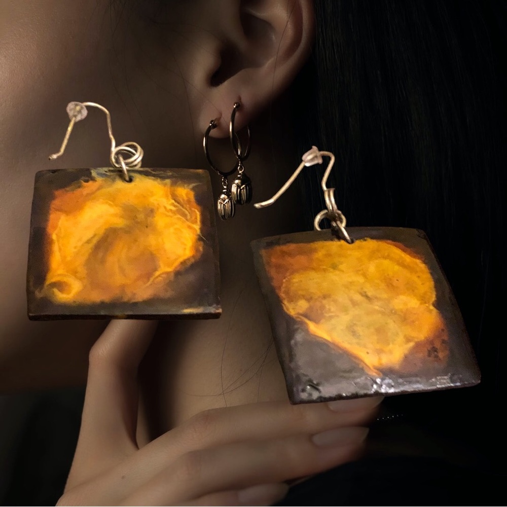 Square Wooden Dangle Drop Earrings Women's Brown/Gold - Picture 4 of 8